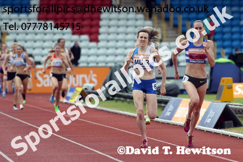 Laura Weightman (Morpeth) leads Laura Muir ((Dundee Hawkhill) 1500 metres, 2014 Sainsbury's British Championships. Photo: David T. Hewitson/Sports for All Pics